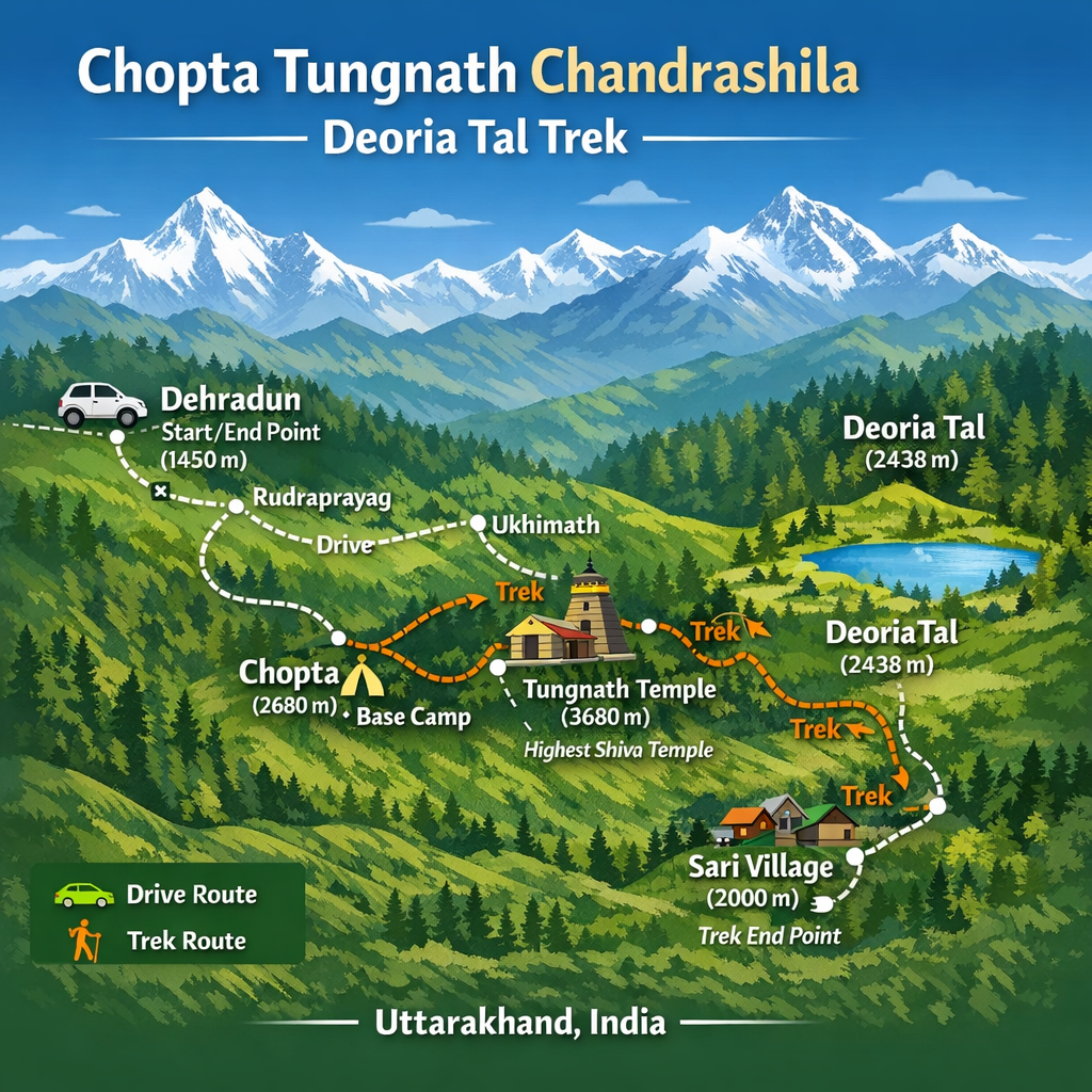 Chopta Tungnath Chandrashila Deoria Tal Trek Route Map