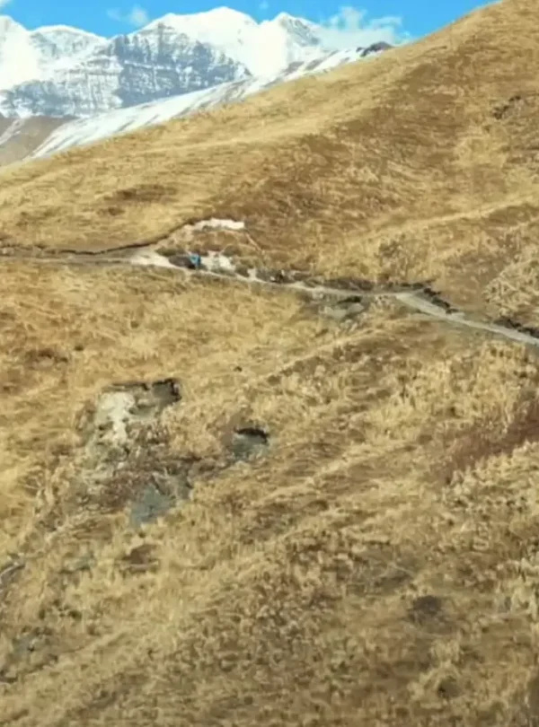 Brahmatal Trek trail in Uttarakhand, Himalayan trekking path with snow peaks, Brahmatal Trek mountain landscape, best winter trek in India, scenic Himalayan trek route