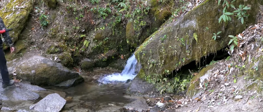 Brahmatal Trek natural water stream, Himalayan waterfall on Brahmatal Trek route, forest stream Uttarakhand trek, Brahmatal trekking trail nature view, Himalayan forest landscape India
